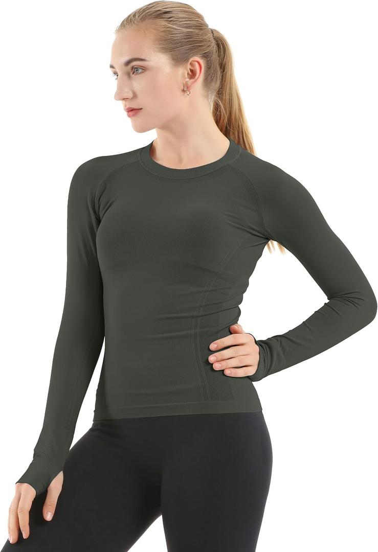 MathCat Seamless Workout Shirts for Women Long Sleeve Yoga Tops Sports Running Shirt Breathable Athletic Top Slim Fit  (Black), M