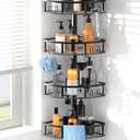 4-Tier Rustproof Corner Shower Caddy with Tension Pole - 42-115 Inch Adjustable Height, Shower Shelves with Hooks, Freestanding Bathroom Organizer - Black