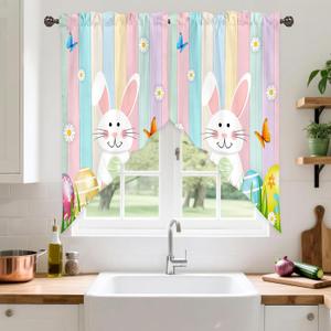 Spring Easter Swag Kitchen Curtain Valance for Windows,Eggs Bunny Cute Rabbits Window Treatments Short Swag Topper for Kitchen Windows Bathroom Bedroom,28 x 36 Inch, 1 Pair