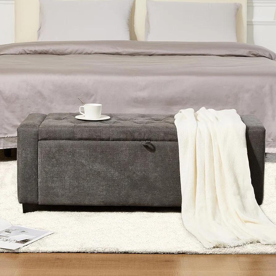Chilihom Ottoman Bench with Storage for Living Room，Large Upholstered Ottoman Foot Rest with Seating for Bedroom End of Bed，Entryway Shoe Bench，Linen Dark Grey