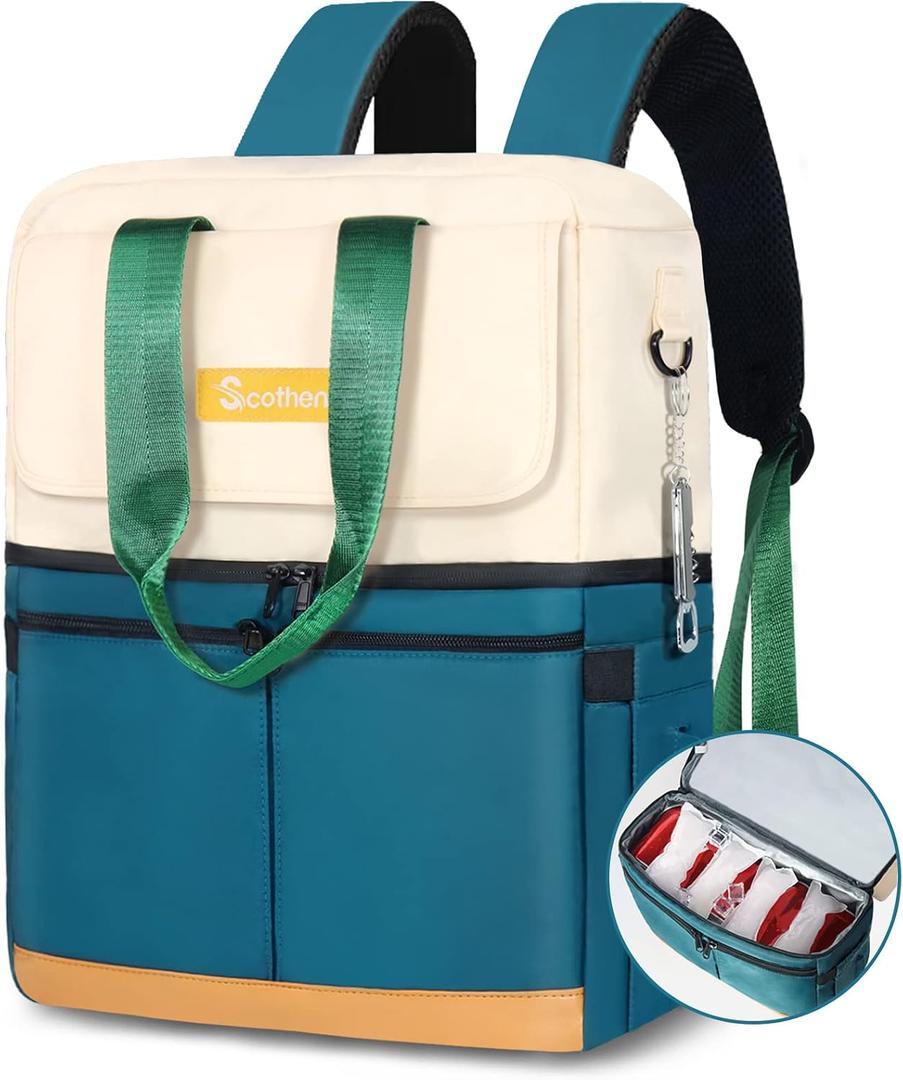 Scothen Backpack Cooler with Double Decker & 12 Ice Packs- Keeps 36 Cans Cold for Up to 24 Hours- Waterproof & Leak Proof Insulated Cooler Backpack- Stylish Cooler Bookbag for Women Travel Work Beach