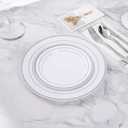 BESTVIP 100PCS 7 Inch Silver Plastic Dessert Plates, Disposable Plate with Silver Rim for Salad/Samll Cakes, Heavy Duty Plates for Party, Wedding and Birthday, Events