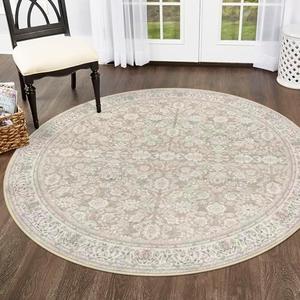 SIILOOM 5' Round Rug Washable Rug for Entryway, Cream Beige Yellow White Grey Soft Non-Slip Area Rugs Distressed Floral Low-Pile Carpet, Neutral Vintage Circle Rugs for Living Room Dining Bedroom