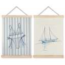 Yomisex Blue Coastal Beach Bikini Sailboat Wall Art Poster, Preppy Beach Room Decor, Blue Striped Swimsuit Nautical Sail Boat Wall Art Framed for Home Bedroom Living Room Decor, 12x16 Inch Set of 2