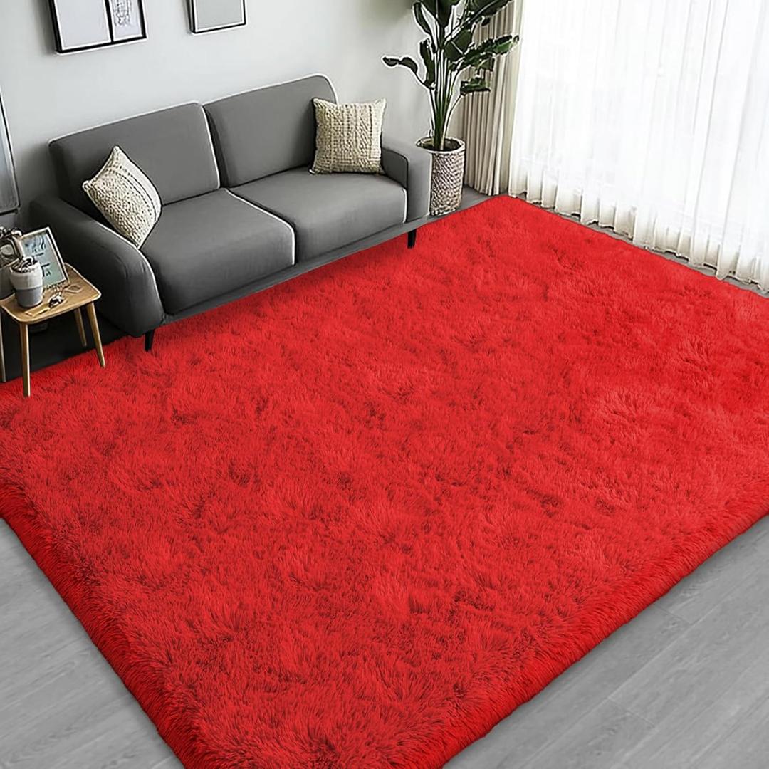 Large Area Rugs for Living Room Bedroom, 5x7 Feet Red Fluffy Shag Rugs, Ultra Soft Shaggy Plush Fuzzy Modern Indoor Throw Floor Carpet for Kids Girls Boys Dorm Nursery Home Decor Aesthetic