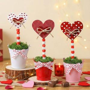 Thyle 3 Pcs Valentine's Day Decorations for Home 8.27" Wooden Heart Potted Valentines Centerpiece for Tables Tall Standing Pink Heart Plant Pot Sign for Home Tiered Tray Decor Tabletop Wedding Gifts