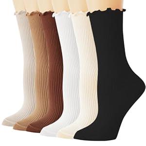 TOAMOUR Womens Ruffle Socks, 6 Pairs White Lettuce Edge Turn-Cuff Cotton Frilly Ankle Crew Boot Socks
