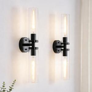 Wall Sconces Set of 2, Hardwired Bathroom Light Fixtures, Modern Bathroom Vanity Wall Lighting with Clear Glass Shade, Farmhouse Wall Sconce for Mirror Bedroom Hallway, Matte Black, E26 Base