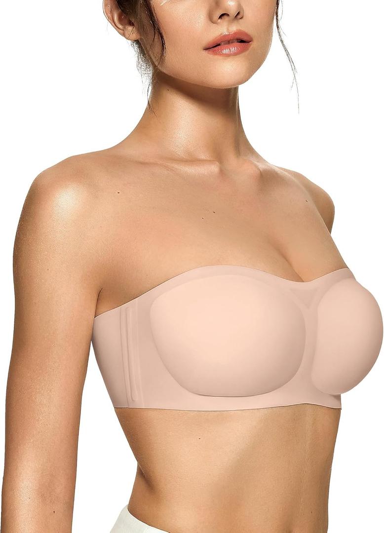 OEAK Womens Strapless Bras Push Up Bandeau Bra Non Slip Wireless Supportive Padded Bras Seamless Comfortable Tube Bra Medium Nude