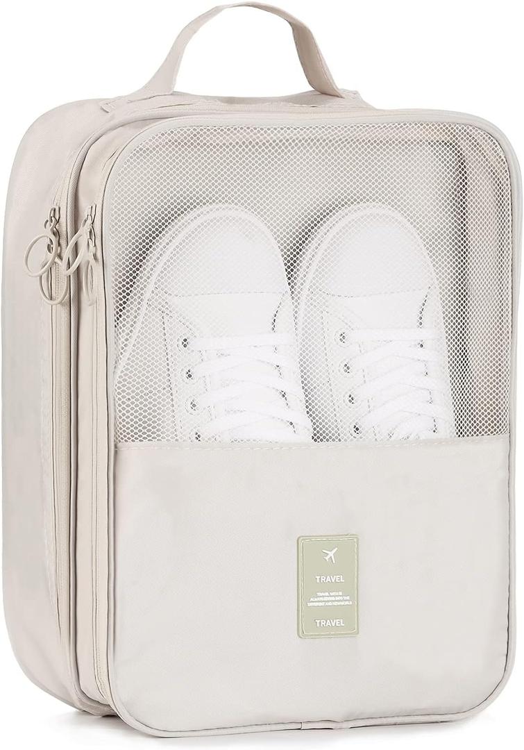 Travel Shoe Bag Holds 3 Pair of Shoes, Hezelf Shoe Storage Pouch for Travel and Daily Use, Travel Suitcase Shoe Organizer, Waterproof (Beige)