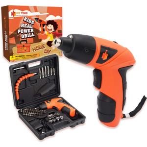 JoyTown Kids Real Power Drill Set  Electric Cordless Drill Tool Kit for Children with Interchangeable Bits, Flexible Shaft, Charger, All in Carrying Case, Learning Tools for Boys & Girls Home DIY