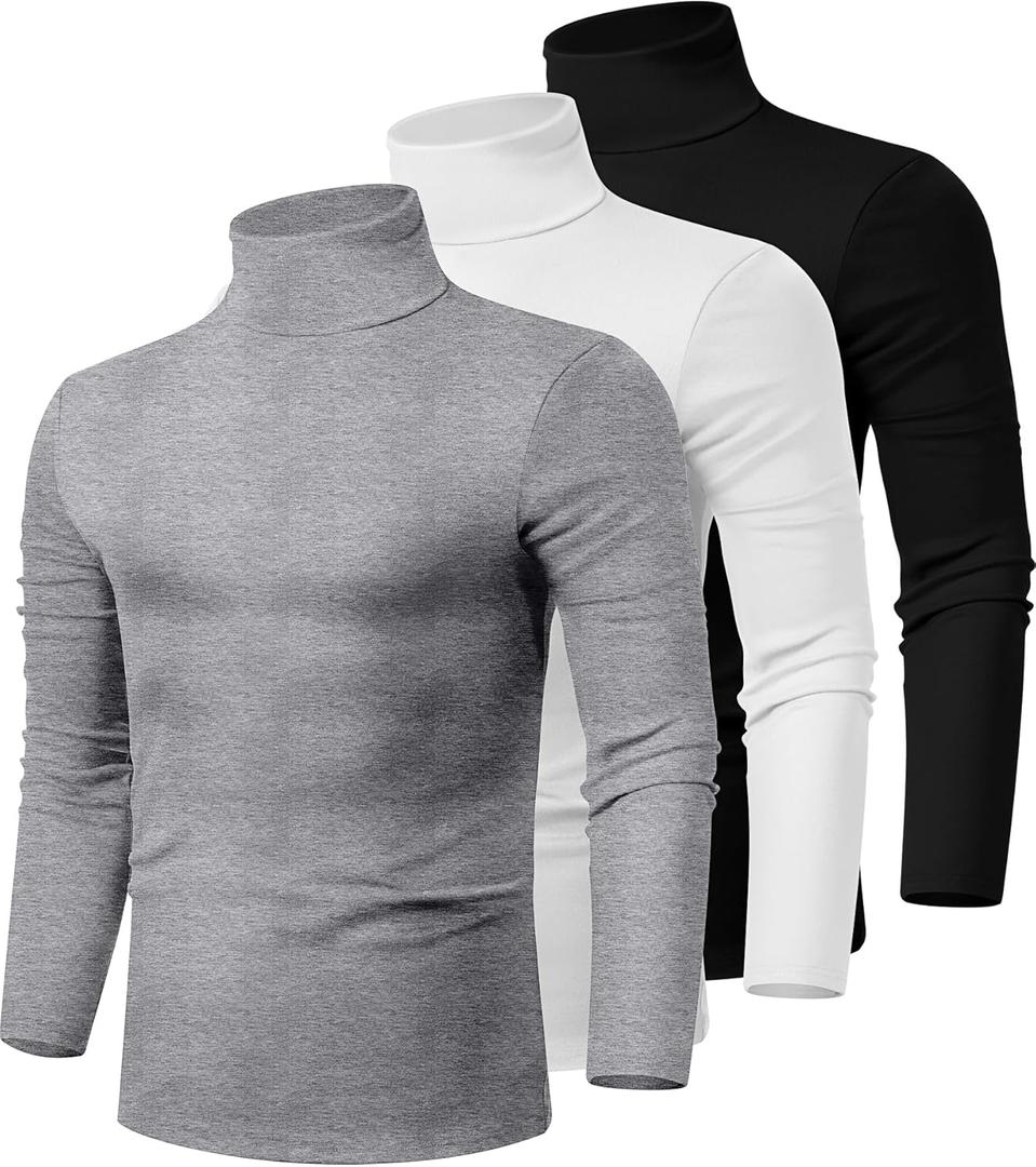 Ficerd 3 Pack Men's Turtleneck Shirts, Long Sleeve Cotton Pullover Sweaters Mock Neck Knitted T-Shirt Basic Slim Fit Tops (Black, White, Gray)