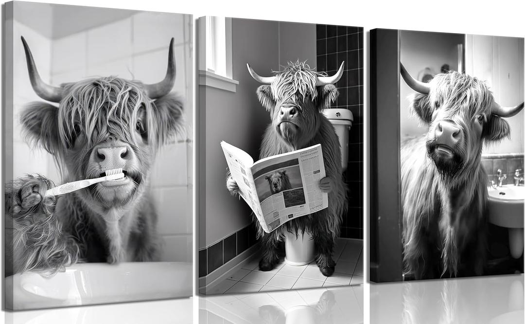 3pcs Funny Highland Cow Bathroom Canvas Wall Art Black and White Cute Cow Animal Painting Picture Wall Decor Rustic Farmhouse Cow in Toilet Poster Print Artwork for Bathroom Restroom Home Decoration