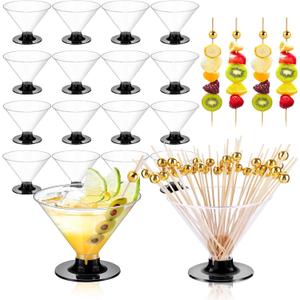60Pcs Plastic Martini Glasses Disposable Cocktail Glasses for Parties + 100Pcs Pearl Cocktail Picks, Clear Unbreakable Mini Plastic Margarita Glasses for Weddings Wine Ice Cream Appetizers Food
