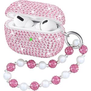 Compatible with AirPods Pro 2 Case Protective Glitter Cute Case for AirPod Pro 2nd Gen with Luxury Shining Keychain Lanyard Strap for Women Girls (Pink)