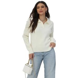 ORQUWEH Women's Polo Sweater V Neck Long Sleeve, Pullover Knit Sweaters for Women Lapel Collar S