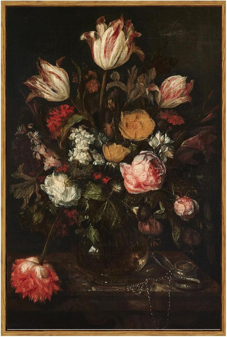 ARPEOTCY Extra Large Framed Canvas Wall Art, Dark Roses Pictures Decor, 24x36Inch, Bathroom Bedroom Kitchen Vintage Floral Decor, Moody Farmhouse French Country Art