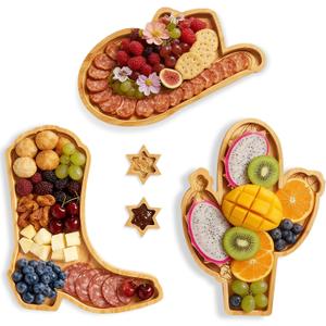 5 Pcs Cowboy Charcuterie Boards with Dipping Saucers Western Party Serving Trays Cowboy Hat Cowgirl Boot Bamboo Platter Cactus Cheese Board for Western Cowgirl Birthday Gifts Party Decorations