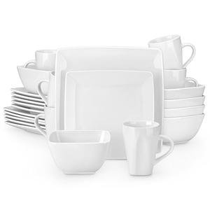 vancasso Soho Dinnerware Sets 24 Pieces, White Stoneware Square Place Setting, Dinner Plate, Dessert Plate, Cups and Plates Sets for Kitchen, Dish Set for 6, White