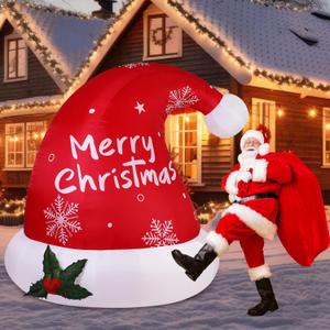 Leyndo Christmas Inflatable 7FT Santa Hat Blow up Yard Outdoor Decoration with Built in LED Lights, Lighted Blow-up Funny Lawn Outside Decor for Xmas Winter Holiday Party Garden Indoor Home Display
