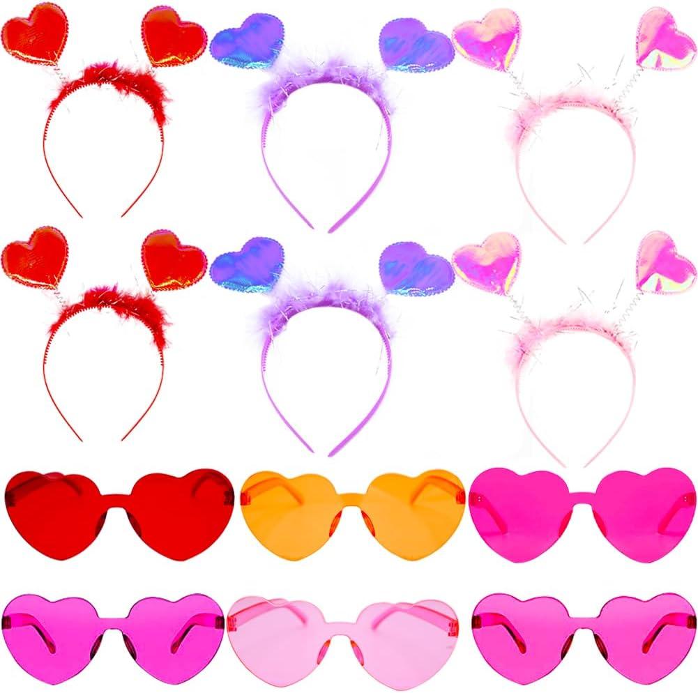 12Pcs Valentines Day Heart Headbands and Heart Shaped Sunglasses, 6Pcs Valentines Love Shaped Head Boppers and 6Pcs Glasses for Kids Adults Valentine's Party Costume Favor, Photo Props Accessory