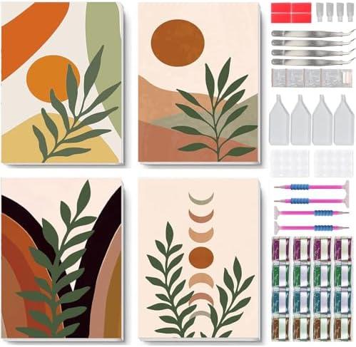 Tiwabb 4 Pack Bohemian Style Diamond Painting Kits for Adults with Framed - Mountain Moon Leaves Diamond Art Kits for Adults DIY 5D Round Full Drill Gem Art and Crafts for Home Decor 7.8x11.8in