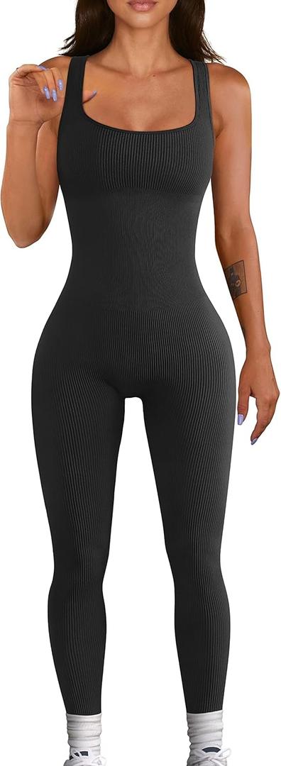 Women Workout Seamless Jumpsuit Yoga Ribbed Bodycon One Piece Tank Top Leggings Romper (Small, 01black)