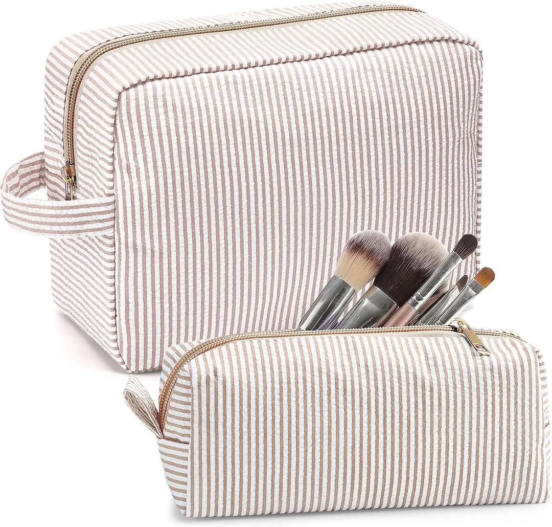 Sanwuta 2 Pcs Makeup Bag Set Seersucker Cosmetic Bag for Women Gifts Mother Girls Cute Stripe Trendy Cosmetic Bags Travel Toiletry Organizer Aesthetic Preppy Storage Pouch for Bridesmaid(Brown)