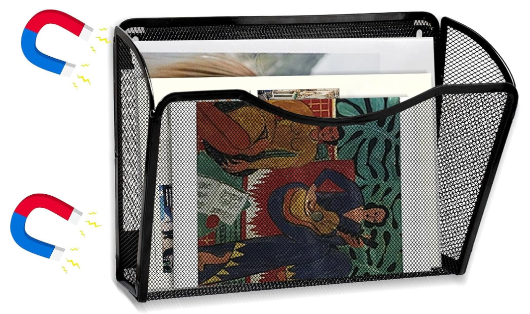 Magnetic File Holder 1 Pockets File Folder Organizer, Office Hanging Magazine Rack for File Cabinets, Magnetic Paper Holder, No Drilling Mail Organizer for Refrigerator, Office, Black