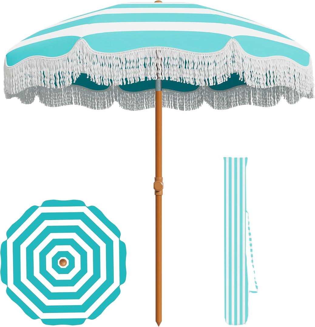 AreShark 7ft Patio Umbrella with Fringe, UPF50+ Beach Umbrella for Table, Pool & Garden, Portable Outdoor Tassels Umbrella w/Fiberglass Ribs&Push Bottom Tilt(Blue and White Stripe)