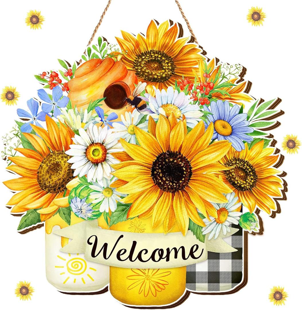 Shellwei Sunflower Welcome Sign for Front Door Summer Decorations Sunflower Wood Door Hanger Rustic Farmhouse Wreath Wall Art Decor Decorative Wall Plaque for Home Porch Hanging Ornaments