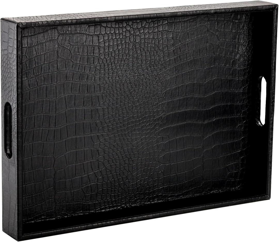 Lyellfe Black Serving Tray with Handles, Decorative Ottoman Tray in Alligator Faux Leather, 17x12 Inch Rectangular for Coffee Table, Living Room, Bed or Dressing Table