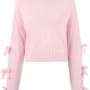 GORGLITTER Women's Bow Sweater Casual Crew Neck Knit Long Sleeve Fall Oversized Pullover Tops Winter Trendy Outfits (Pink, L)