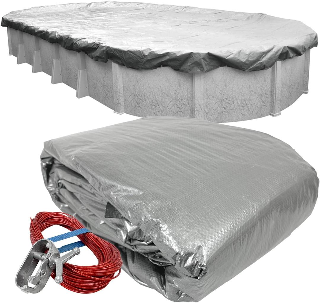 Robelle 18 x 40 ft Heavy Duty Dura-Guard Oval Cover for Above Ground Pools | Silver Pool Cover, 4 ft Overlap (22 x 44ft Cover Size), Solid 8 x 8 Scrim, 2.36 oz/yd2, War, Style: 551840-4-ROB