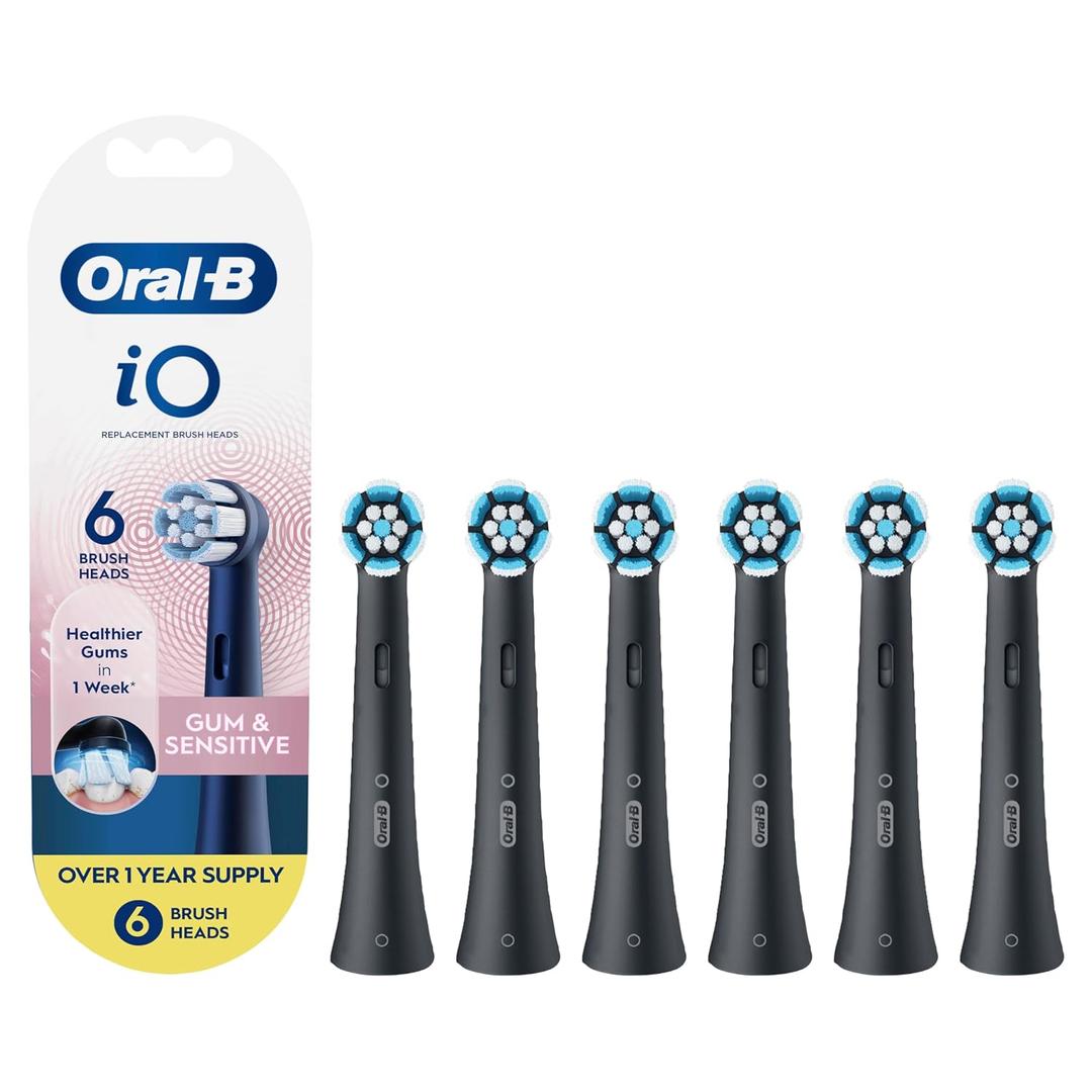 Oral-B iO Gum & Sensitive Replacement Heads, Electric Toothbrush Brush Heads, Black, 6 Count