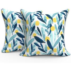 Outdoor Throw Pillow Covers Pack of 2, Decorative Water Repellent Square Pillow Cases with Piping 18x18 Inch, Leaves Multi