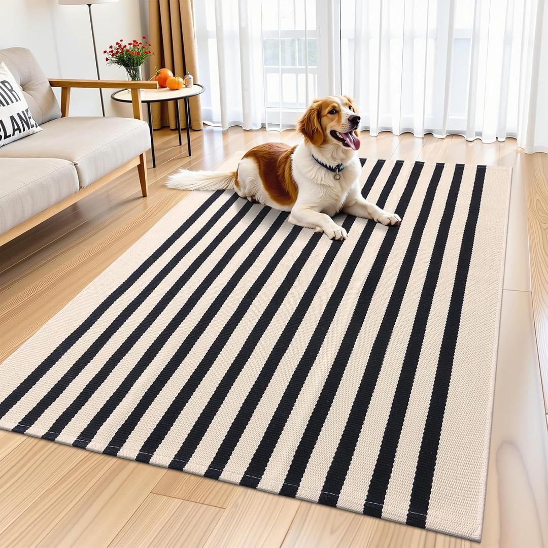 OLANLY Beige and Black Striped Rug 4' x 6' Washable Cotton Doormat for Indoor Outdoor Use, Layered Front Porch Rug for Entryway, Kitchen, Patio