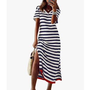 Dokotoo Summer Dress Casual Womens Fashion Short Sleeve Maxi Dress T Shirt Dress Striped Long Color Block Maxi Dress, XL