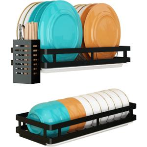 Wall Mounted Stainless Steel Dish Drying Rack Fruit Vegetable Storage Basket with Drainboard and Hanging Chopsticks Cage Kitchen Shelf Utensils Organizer (2 Tier)