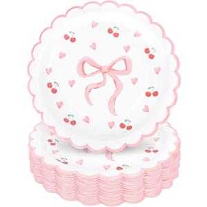 Whaline 40Pcs Pink Bow Paper Plates 9 Inch Scalloped Bowknot Cherry Plates Bow Heart Disposable Dessert Cake Plate For Bachelorette Bridal Engagement Wedding Birthday Baby Shower Party Supplies