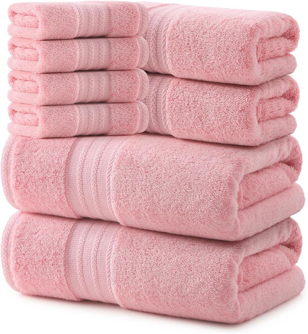 REDKISS Pink Towel Set of 8-100% Cotton Luxury Bath Towels Set for Bathroom, 600 GSM Highly Absorbent Bathroom Towel with 2 Large Bath Sheet, 2 Hand, 4 Washcloths, Pink Shower Towels for Dorm