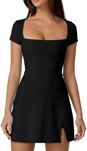 QINSEN Womens Square Neck Tennis Dress Short Sleeve Built in Shorts Golf Athletic Dress with Pockets, Black M