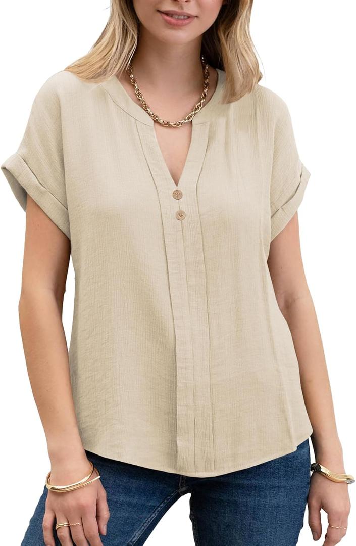 HVT Womens Short Sleeve V Neck Tops Going Out Lightweight Dressy Shirt Casual Summer Loose Fit Flowy Blouses, M