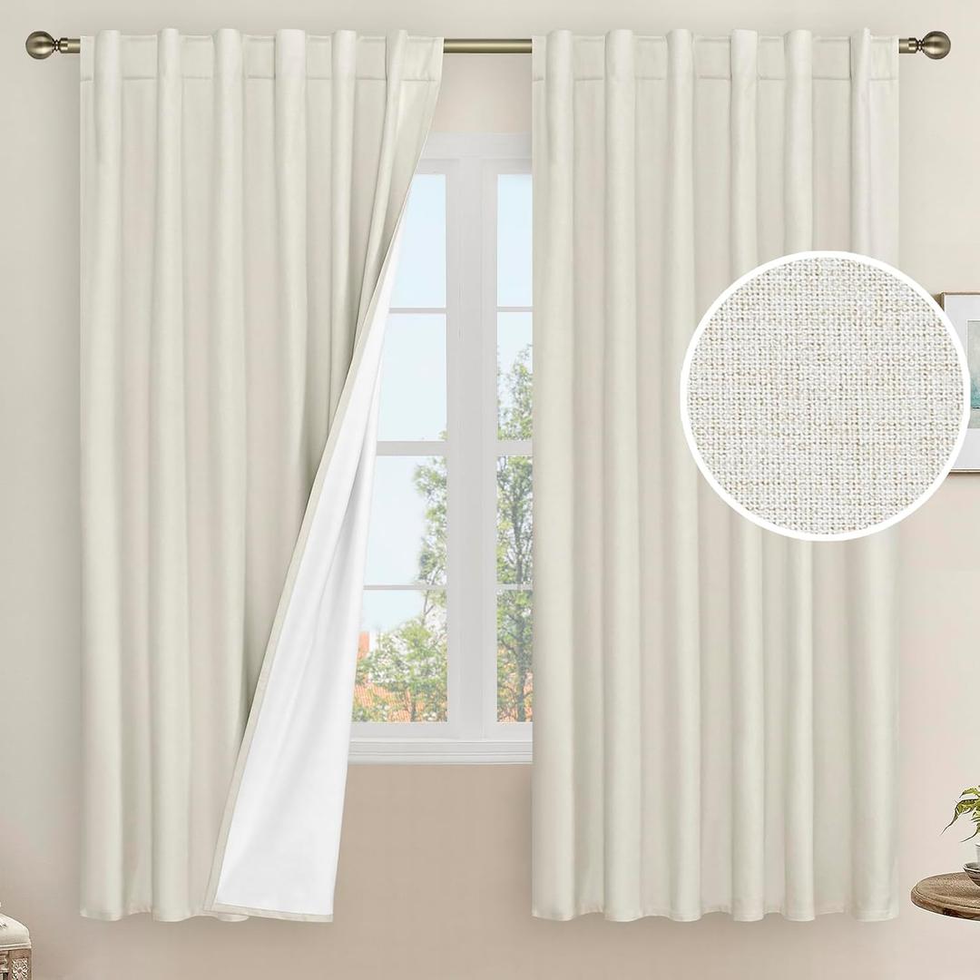 LAMIT 100% Blackout Natural Polyester Curtains, 63 Inches Linen Textured Thermal Bedroom Curtains Back Tab and Rod Pocket Neutral Panels with White Liner for Farmhouse, 2 Panels, 52 x 63 Inch, Ivory