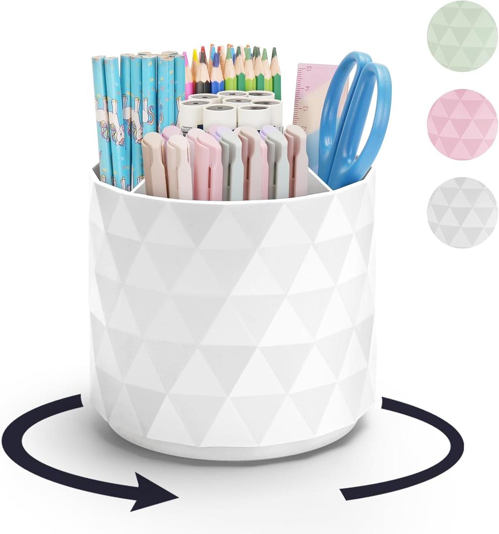 Desk Organizer,Sparkling Diamond-like Pen Holder for Desk 360Rotating Office Accessories,Pencil Cup with 5 Compartments Storage Box Caddy for Office,School,Home,Art Supply(White)