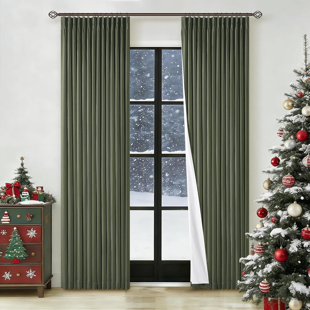Olive Green Pinch Pleated 100% Blackout Linen Curtains for Bedroom 84 Inch Length Room Darkening with Liner Dark Green Window Curtains 84 Inches Long for Living Room Black Out Pleat Drapes Back Tab (40"W x 84"L (Pack of 2))