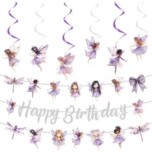 Fairy Theme Birthday Party Decorations - 1pcs Glittery Silver Fairies Happy Birthday Banner, 2pcs Purple Fairy Banner Bunting Garlands, 6pcs Fairies Themed Hanging Swirls (6 styles)