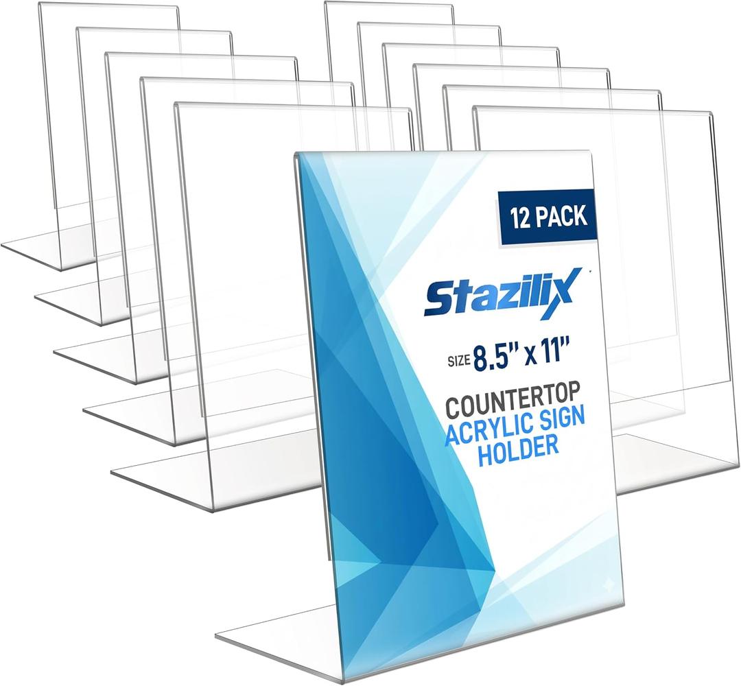 Acrylic Sign Holder 8.5 x 11 (12 Pack) - Plastic Sign holder 8.5 x 11 standing L-Shaped - Vertical Menu Holder Stand, Flyer Display Stand, Table Paper Holder, Plastic Sign Display Stand for Restaurants, Store, Office