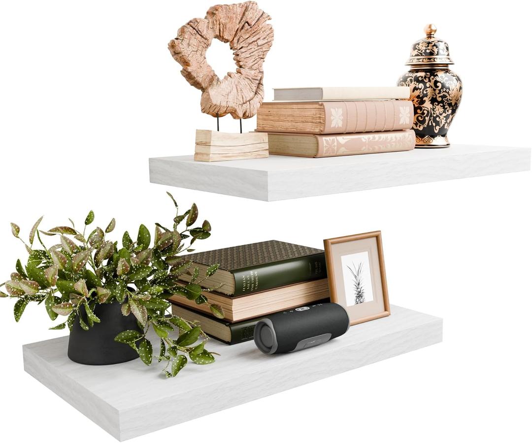 White 24 Inch Rustic Floating Shelves for Wall, Wooden 12 Inch Deep Floating Shelves Set of 2, Wall Shelves for Bathroom over Toilet, Live Edge Display Shelf with Invisible Brackets for Home Decor