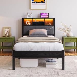 Twin Size Bed Frame with Charging Station and LED Lights,Upholstered Headboard with Storage Shelves, Metal Platform Bed Frame, Noise Free, No Box Spring Needed,Easy Assembly,Black (Twin)